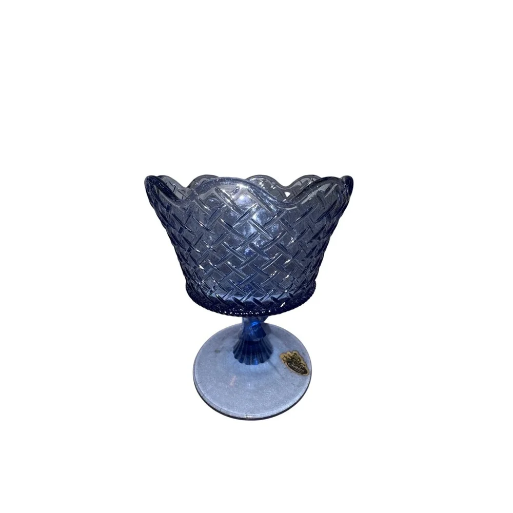 Fenton‎ Blue Basketweave Glass Compote Pedestal Vintage Candy Dish with Bow 7